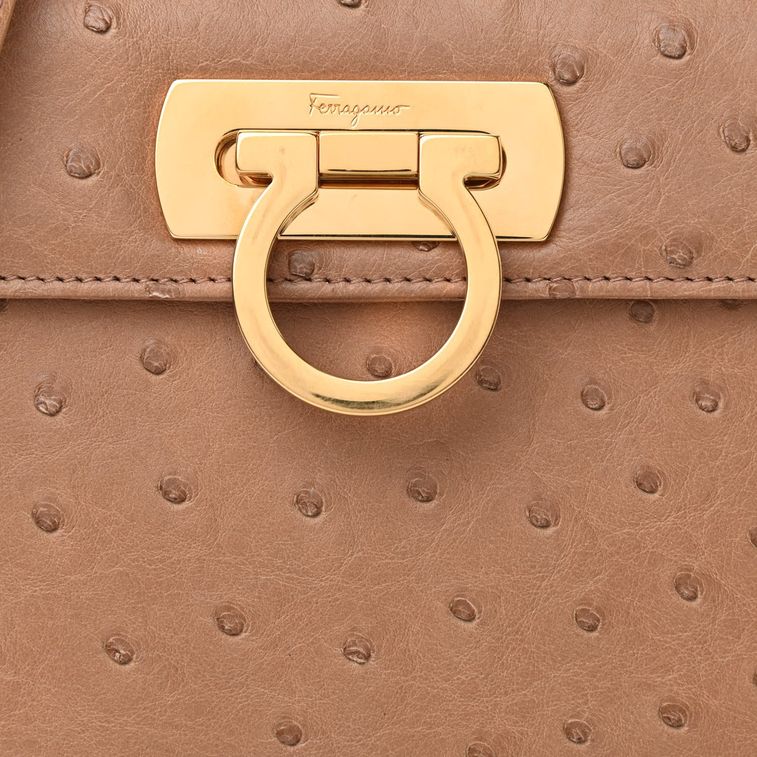 Salvatore Ferragamo Ostrich Iconic Small Top Handle Bag Camel 8 of 10