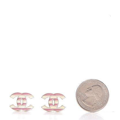 Chanel Enamel Striped CC Earrings Pink White Gold 2 of 5