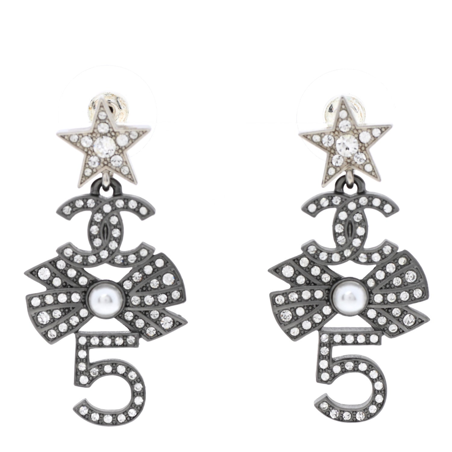 Chanel Ruthenium Crystal Pearl CC Drop Earrings 1 of 5