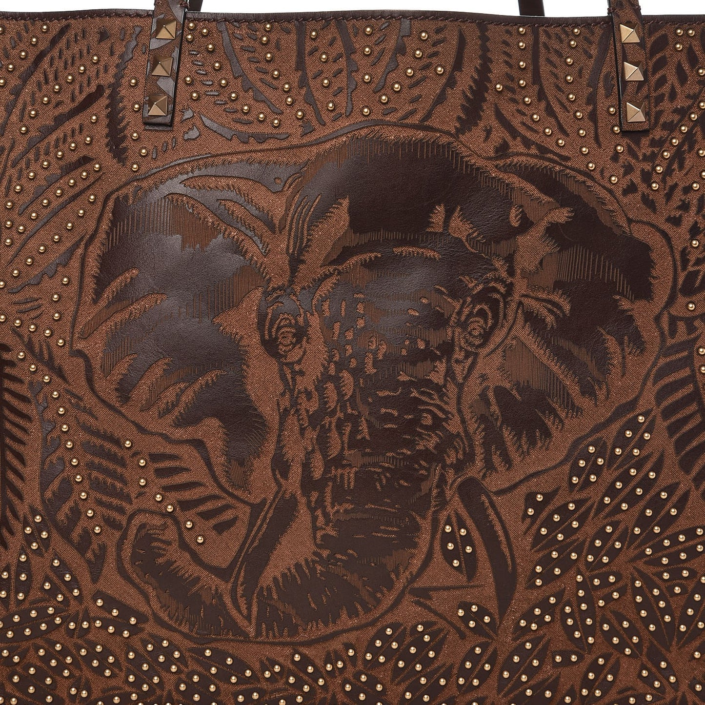 Calfskin Canvas Elephant Embossed Medium Rockstud Reversible Tote Brown