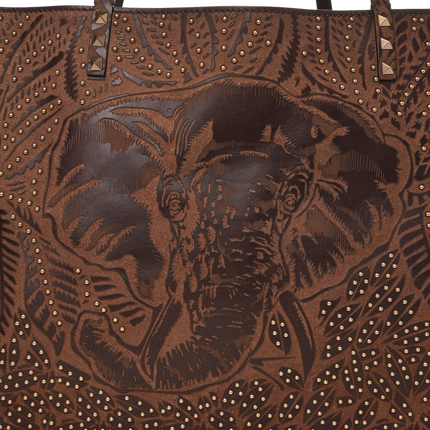 Valentino Garavani Calfskin Canvas Elephant Embossed Medium Rockstud Reversible Tote Brown 10 of 11