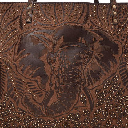 Valentino Garavani Calfskin Canvas Elephant Embossed Medium Rockstud Reversible Tote Brown 10 of 11