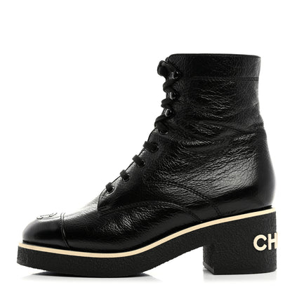 Chanel Shiny Crumpled Lambskin Lace Up Combat Boots 40 Black 1 of 9