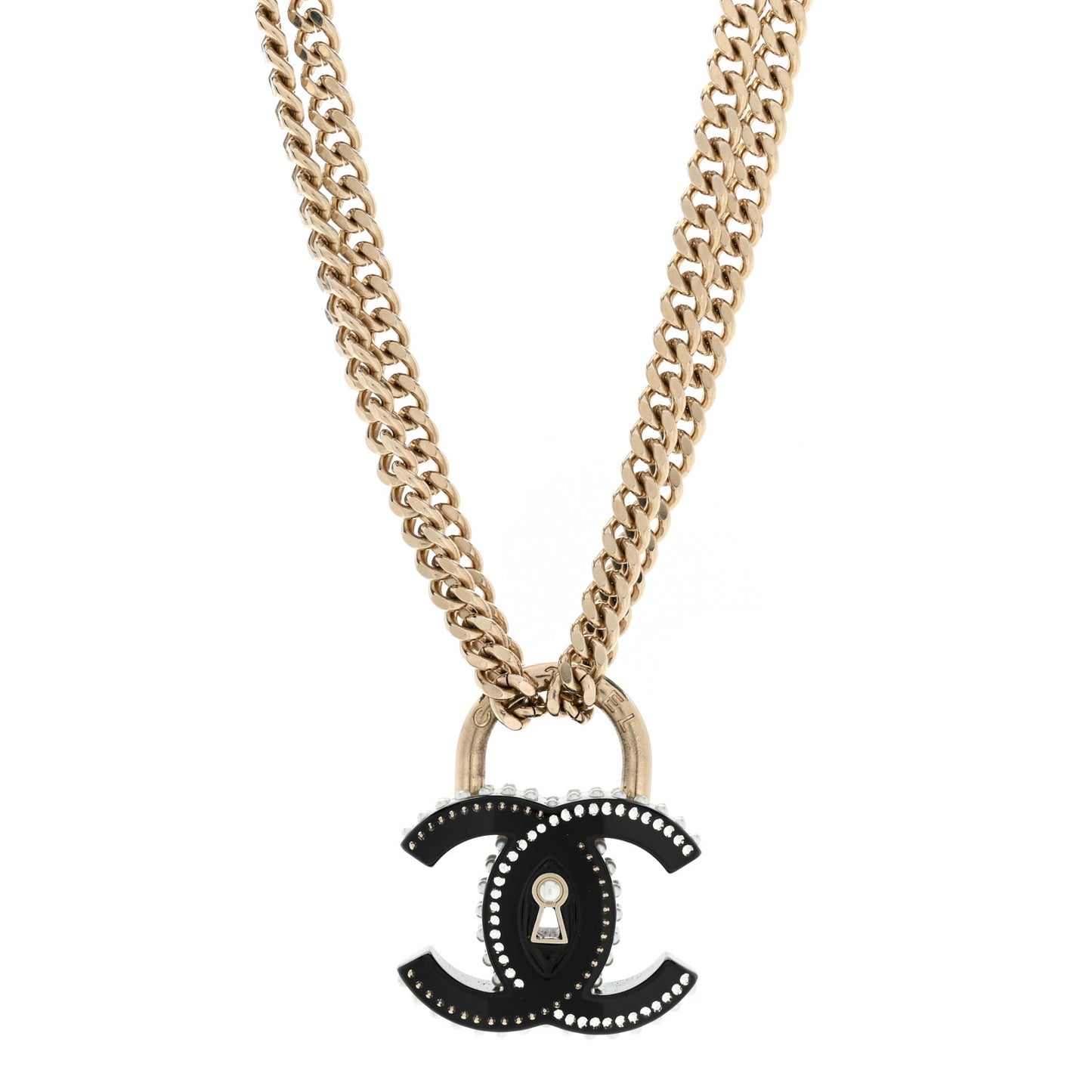 Crystal Pearl CC Chain Lock Choker Necklace Black Gold