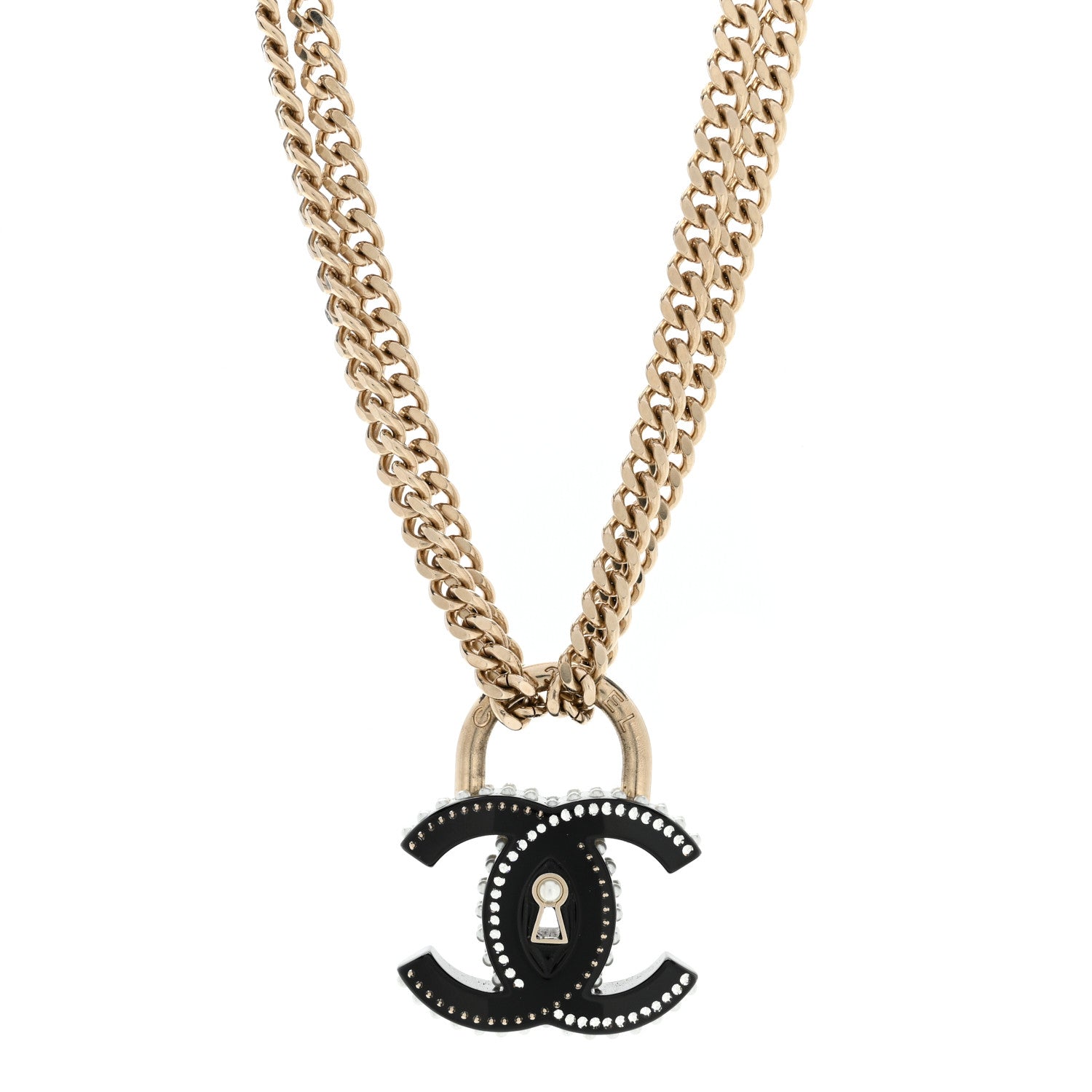 Chanel Crystal Pearl CC Chain Lock Choker Necklace Black Gold 1 of 5