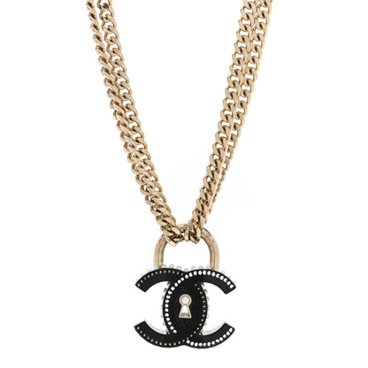 Chanel Crystal Pearl CC Chain Lock Choker Necklace Black Gold 1 of 5