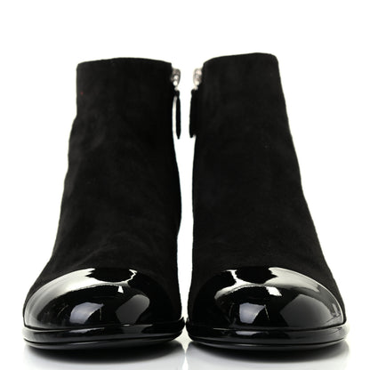Chanel Kid Suede Patent Calfskin Charm Cap Toe Short Boots 38.5 Black 2 of 8