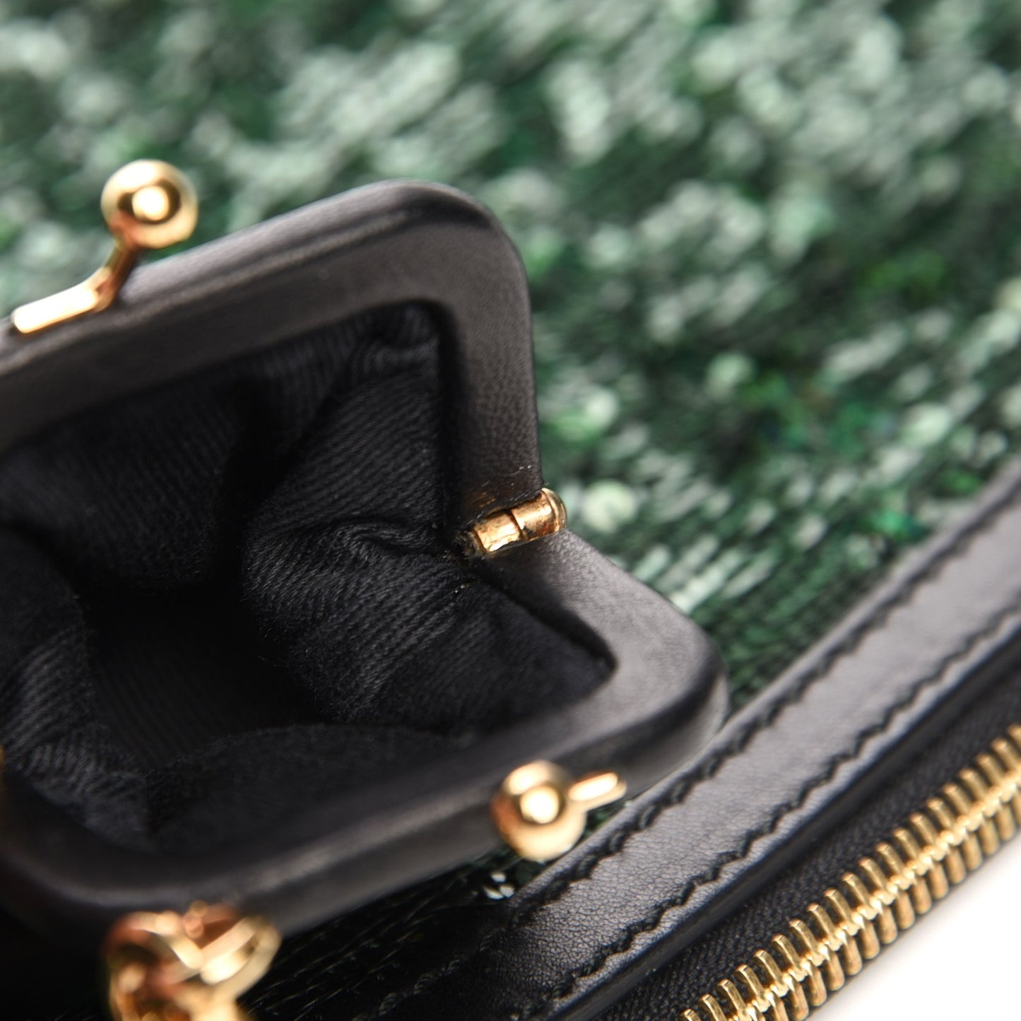 Sequin Leopard Print Calf Hair Chain Clutch Beige Bottle Green
