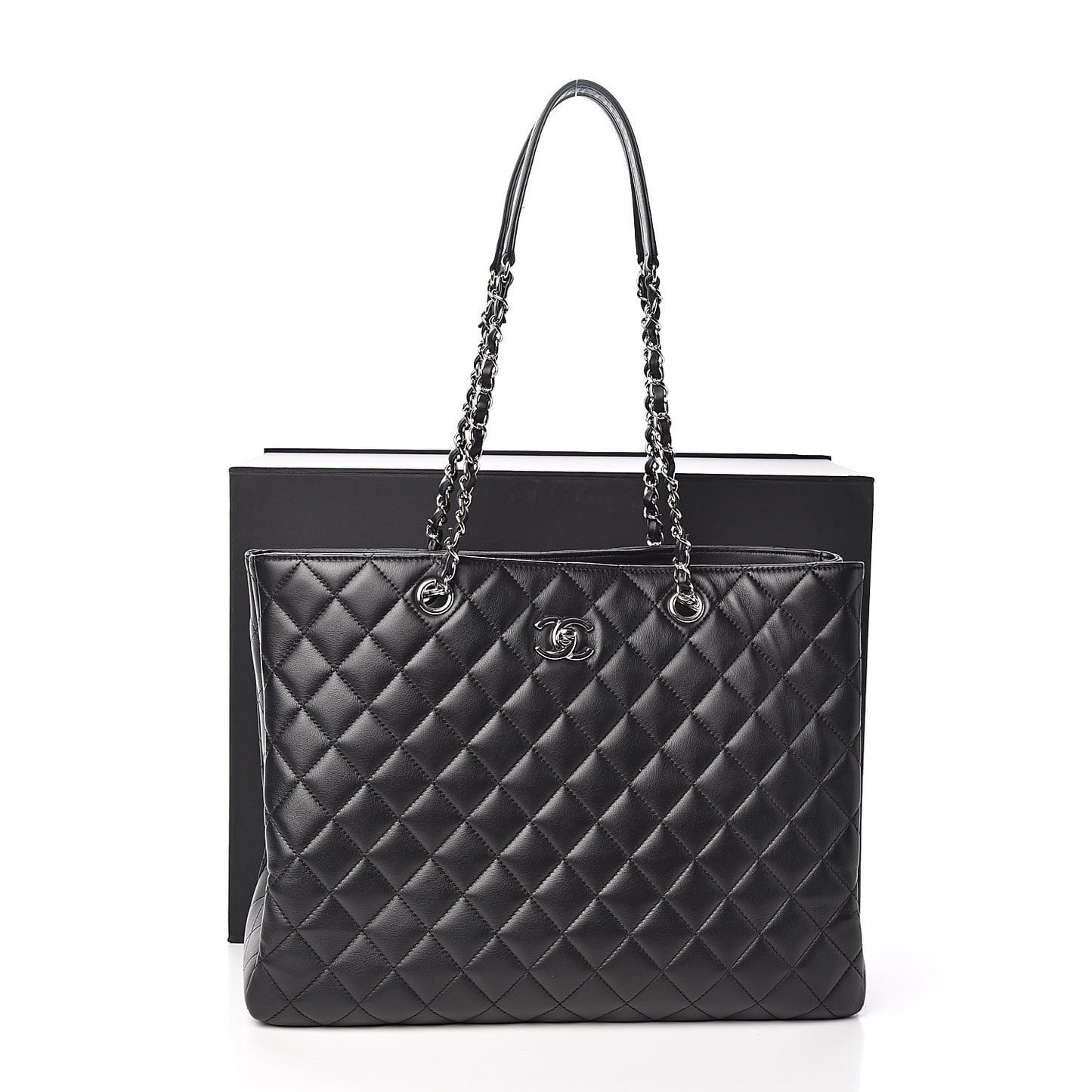 Calfskin Quilted Large Classic Shopping Tote Black