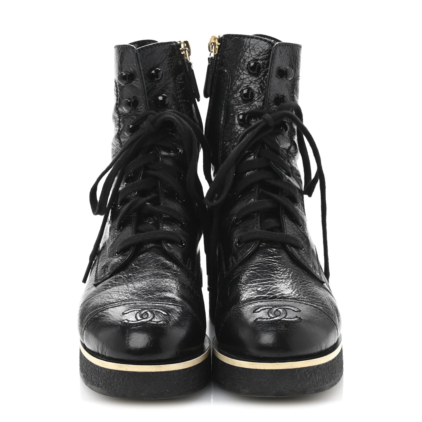 Shiny Crumpled Lambskin Lace Up Combat Boots 36.5 Black