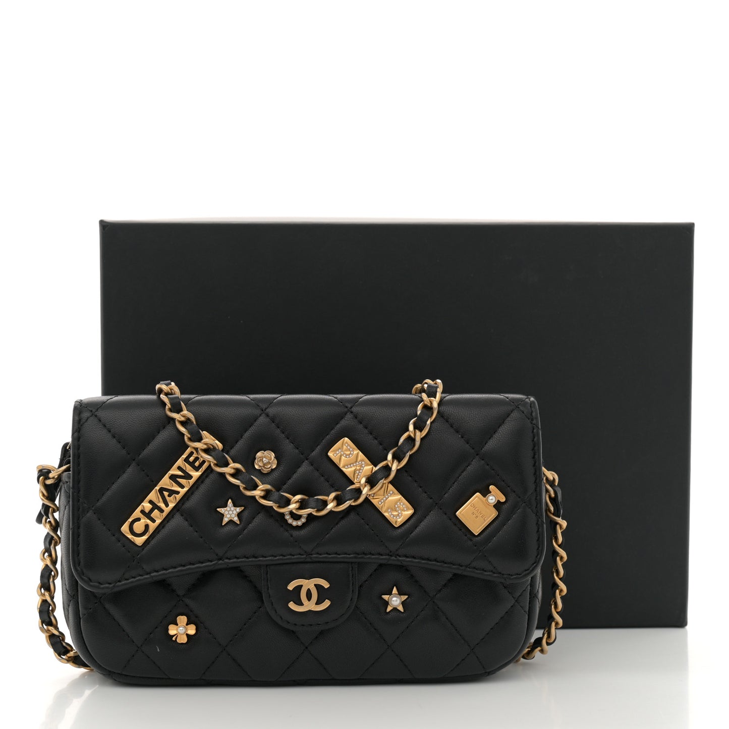 Lambskin Quilted Charm Flap Phone Holder With Chain Black