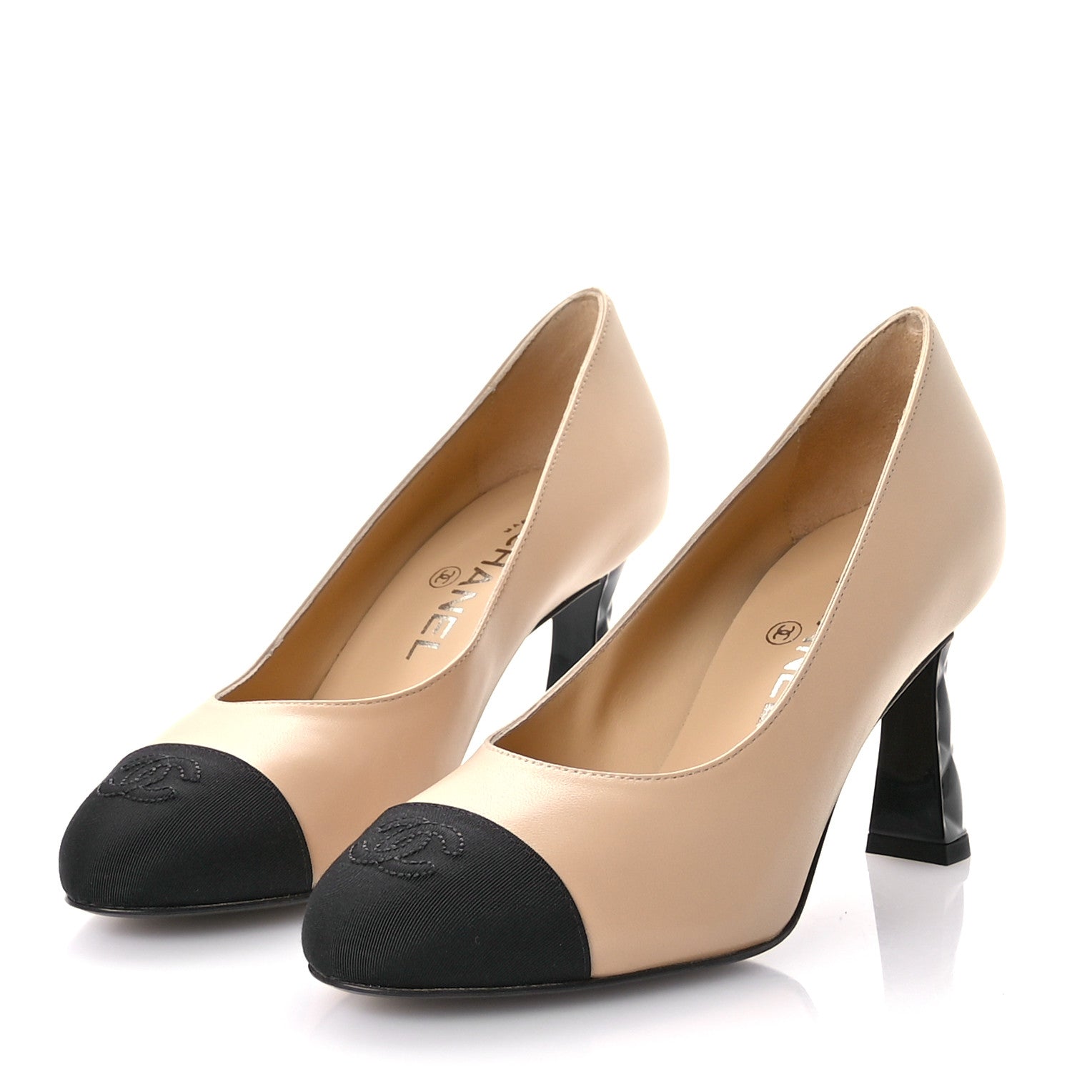 Chanel Lambskin Grosgrain Cap Toe Pumps 37.5 Beige Black 4 of 8