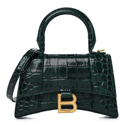 Balenciaga Shiny Calfskin Crocodile Embossed Hourglass Top Handle Bag XS Forest Green 1 of 11