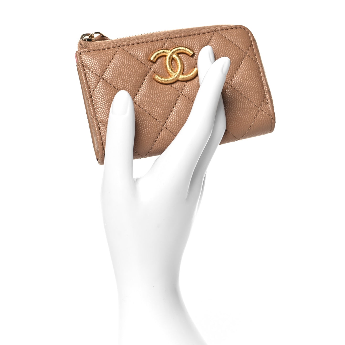 Caviar Quilted Zipped Key Holder Case Dark Beige