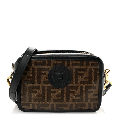 Fendi Glazed Fabric Vitello Century FF 1974 Stamp Patch Mini Camera Case Mogano Panna Black 1 of 11