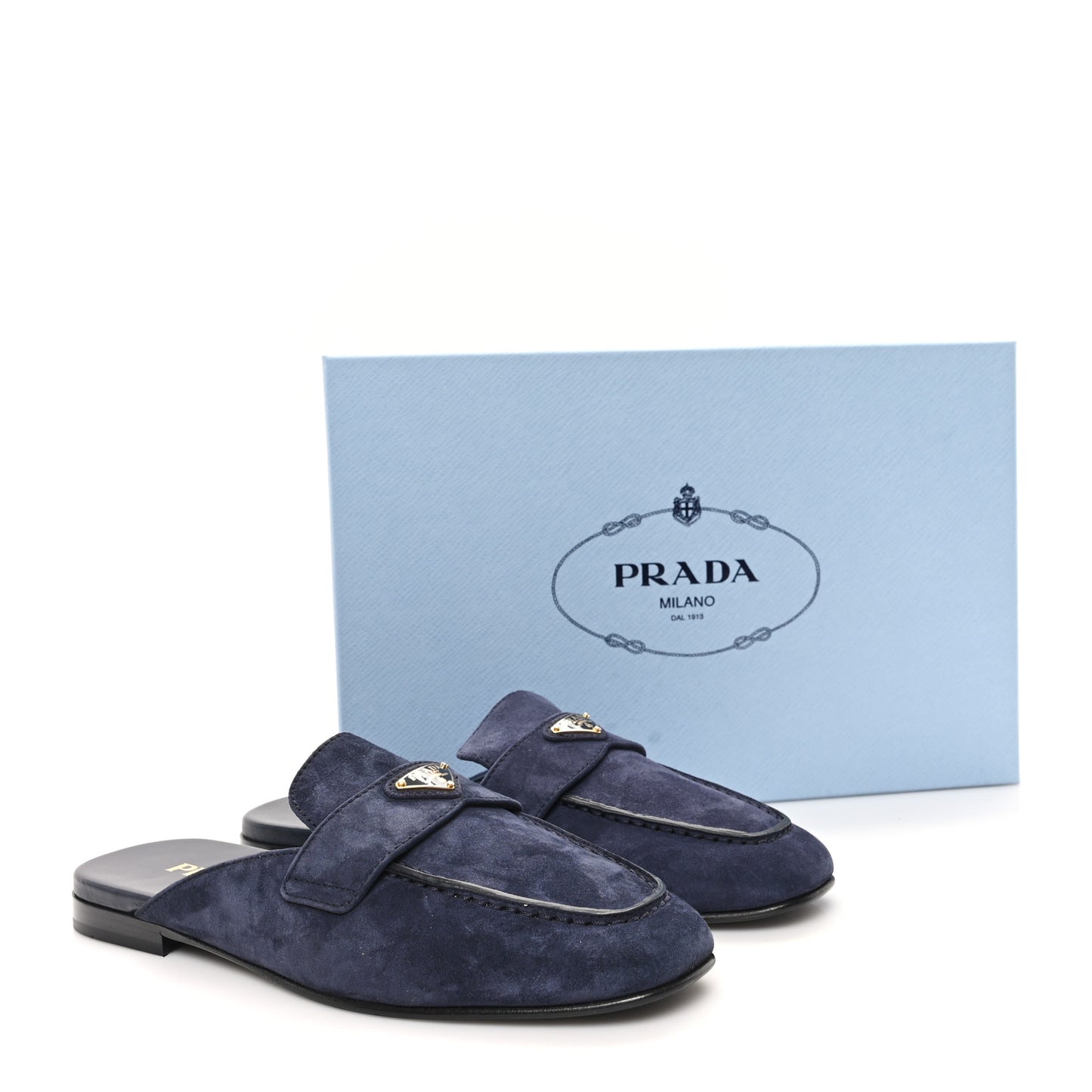 Suede Metal Triangle Logo 10mm Loafer Mules 37 Bleu