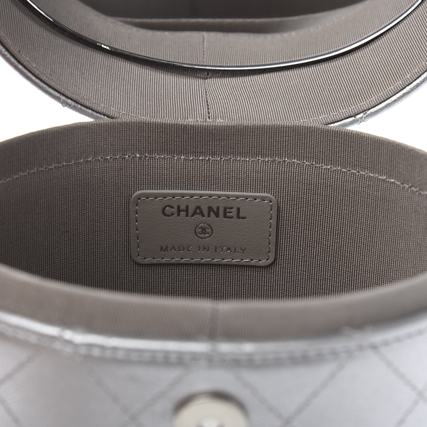 Chanel Metallic Lambskin Quilted Round Vanity Case With Chain Silver 6 of 12