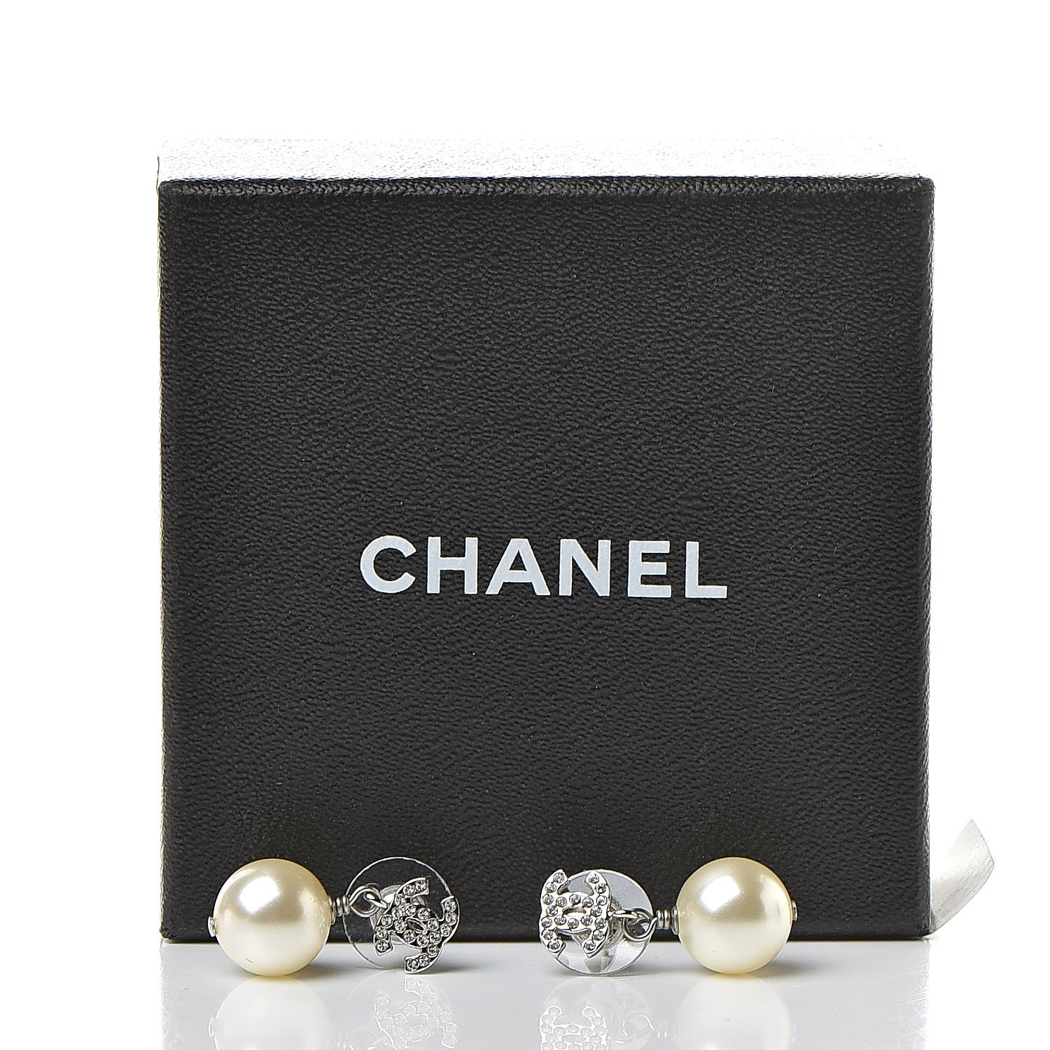Chanel Crystal Pearl CC Drop Earrings Silver Pearly White 5 of 5