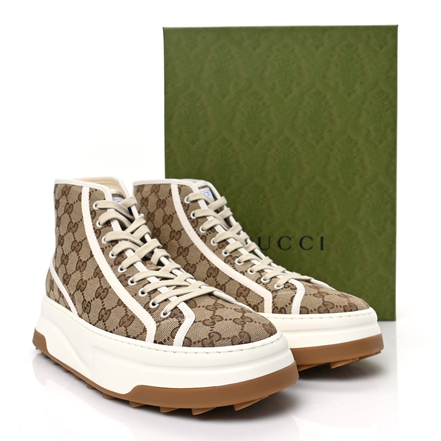 GG Monogram Mens 1977 Tennis High Top Platform 55mm Sneakers 12 Beige Ebony Mystic White