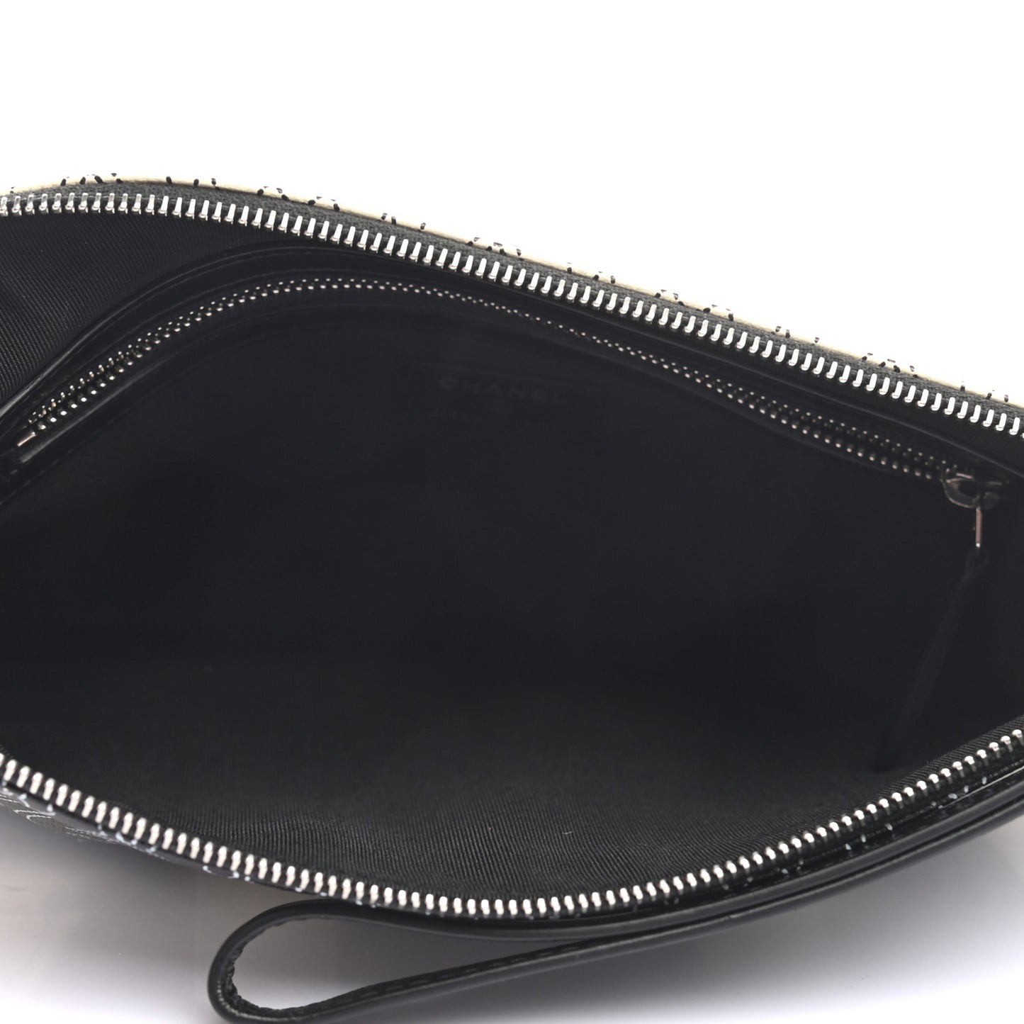 Coated Canvas Calfskin Camellia Printed Pouch Black Beige