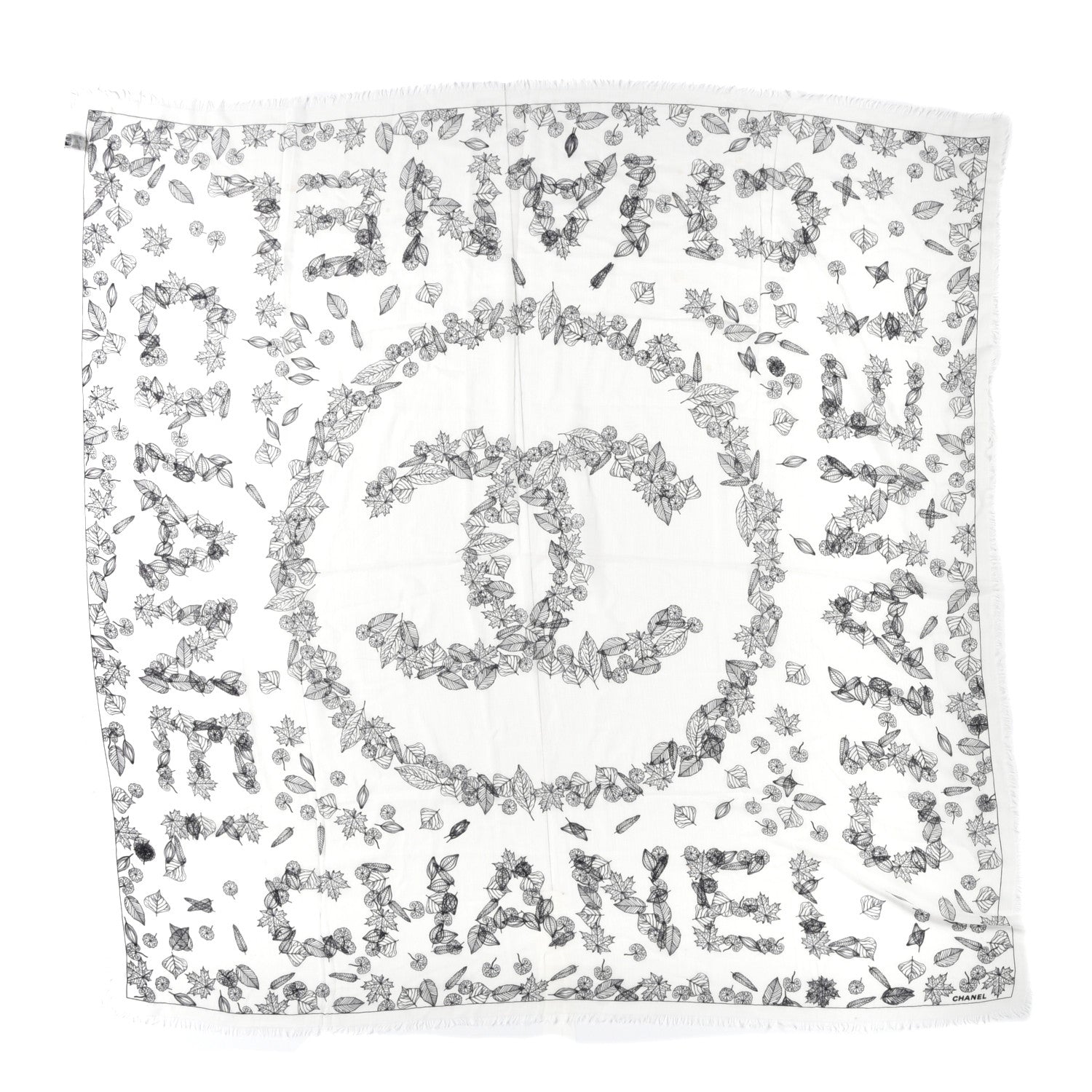 Chanel Cashmere CC Logo Leaves Scarf White Black 1 of 3