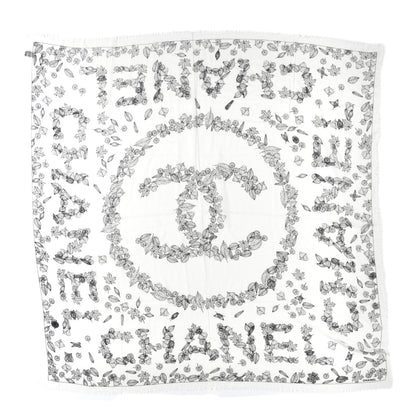 Chanel Cashmere CC Logo Leaves Scarf White Black 1 of 3
