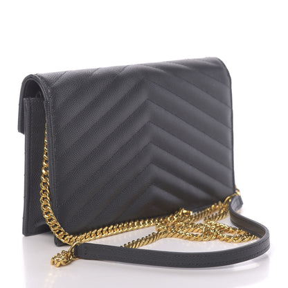 Saint Laurent Grain De Poudre Matelasse Chevron Monogram Envelope Chain Wallet Dark Smog 3 of 12