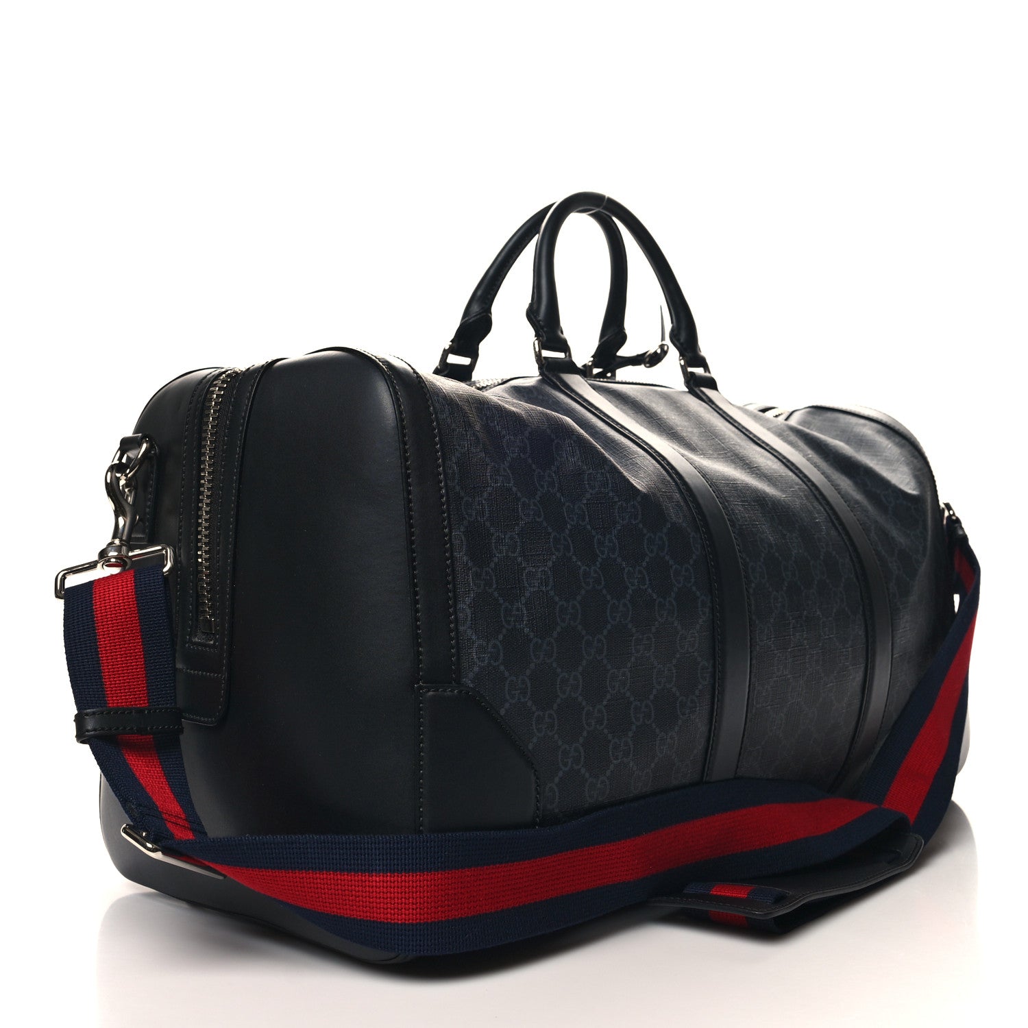 Gucci Soft GG Supreme Monogram Appia Calfskin Web Large Carry On Duffle Bag Black Grey 2 of 11