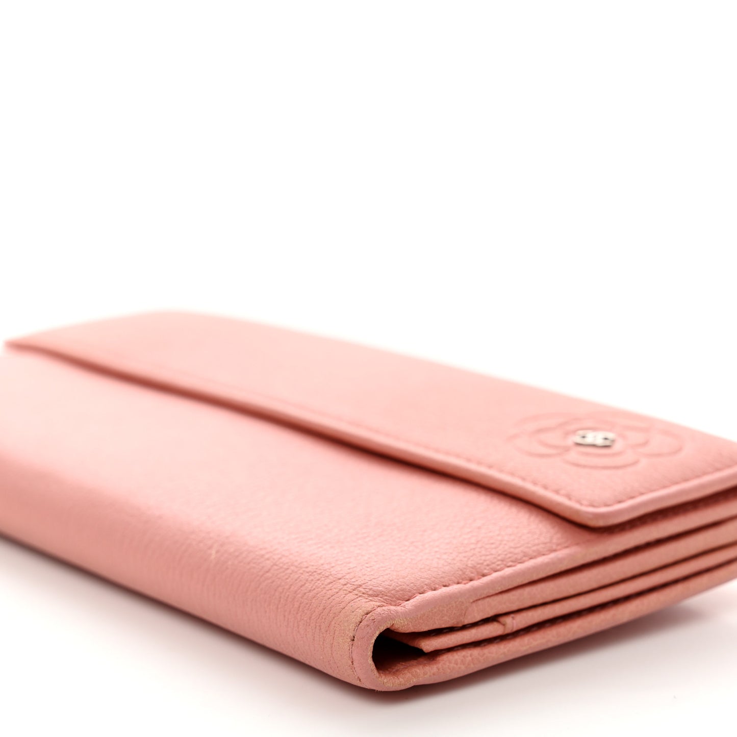 Goatskin Camellia Embossed Flap Wallet Pink