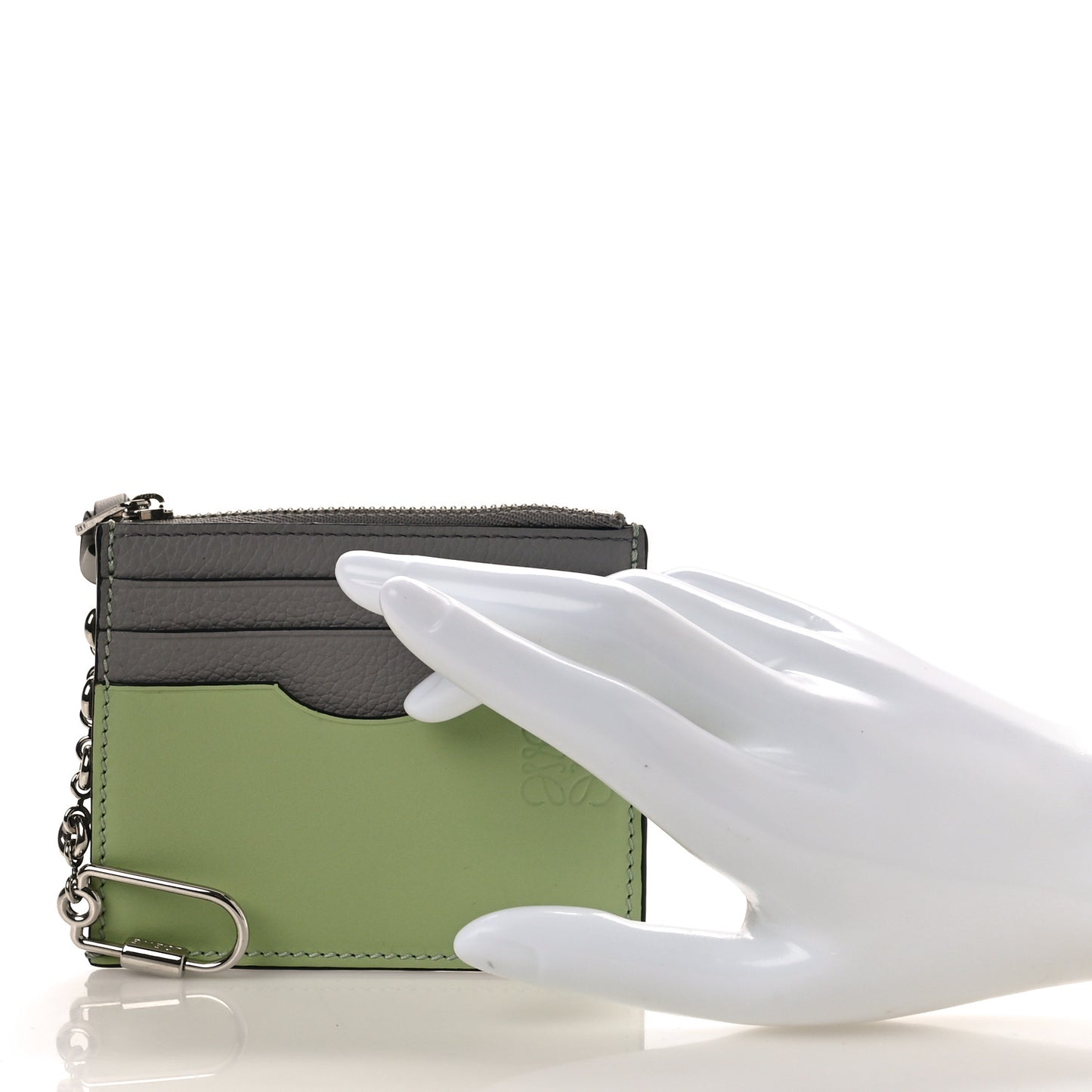 Soft Grained Calfskin Square Card Holder With Chain Pearl Grey Light Pale Green