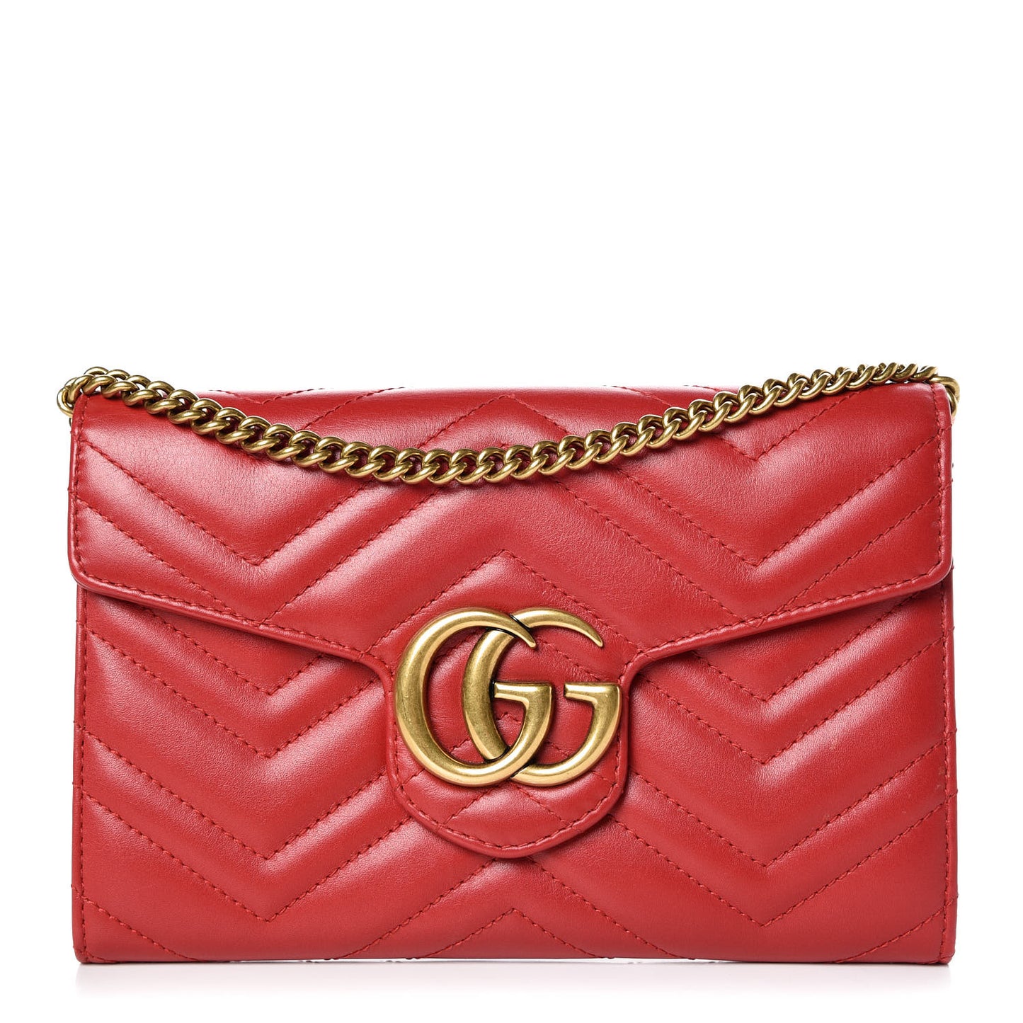 Calfskin Matelasse Mini GG Marmont Chain Wallet Hibiscus Red