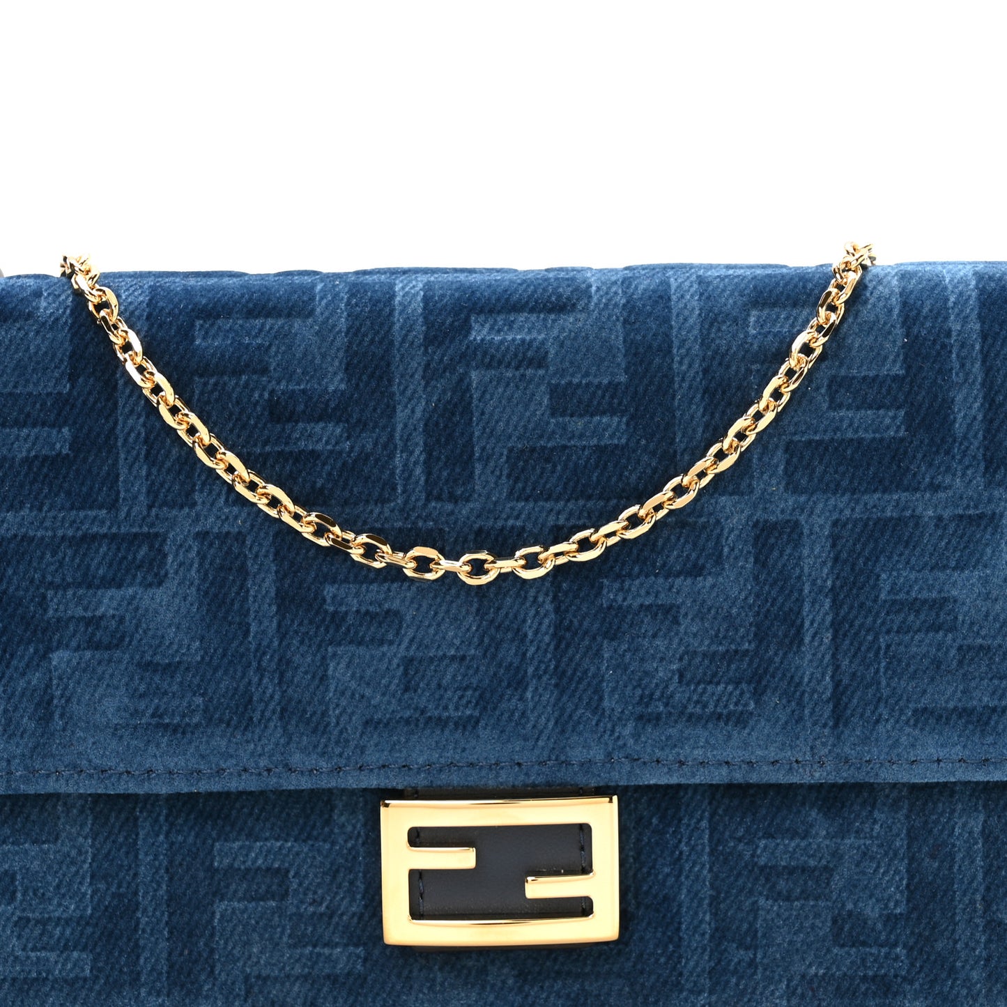 Flocked Denim FF Wallet On Chain Baguette Blue Abyss