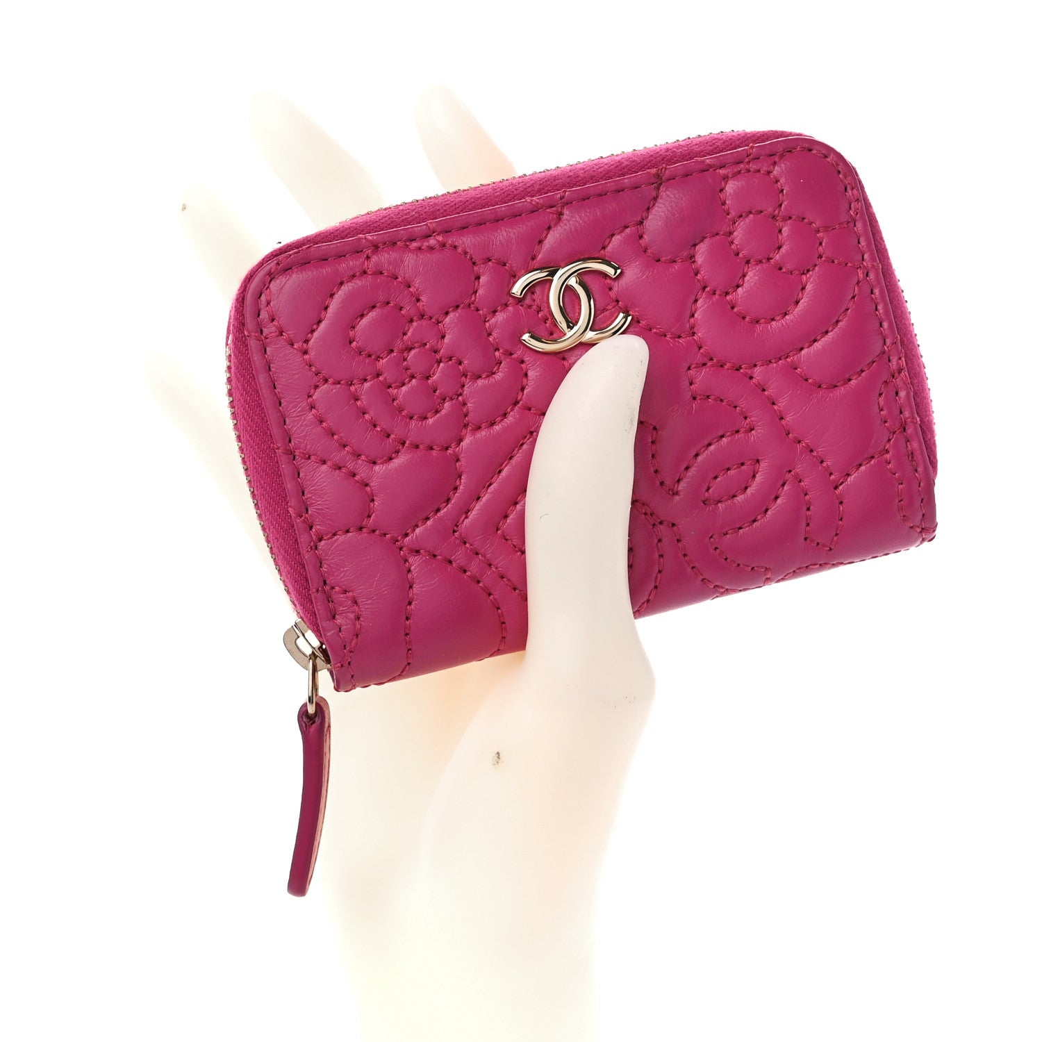 Chanel Lambskin Camellia Embossed Zip Coin Purse Fuchsia 2 of 10