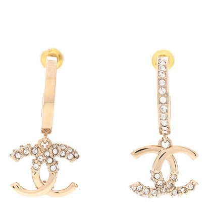 Chanel Crystal Bead CC Hoop Drop Earrings Light Gold 1 of 4