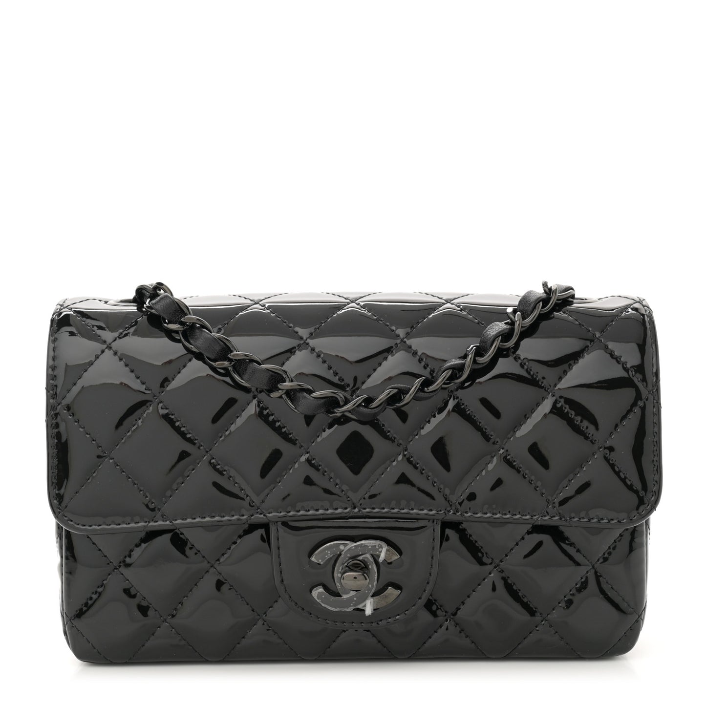 Patent Calfskin Quilted Mini Rectangular Flap So Black