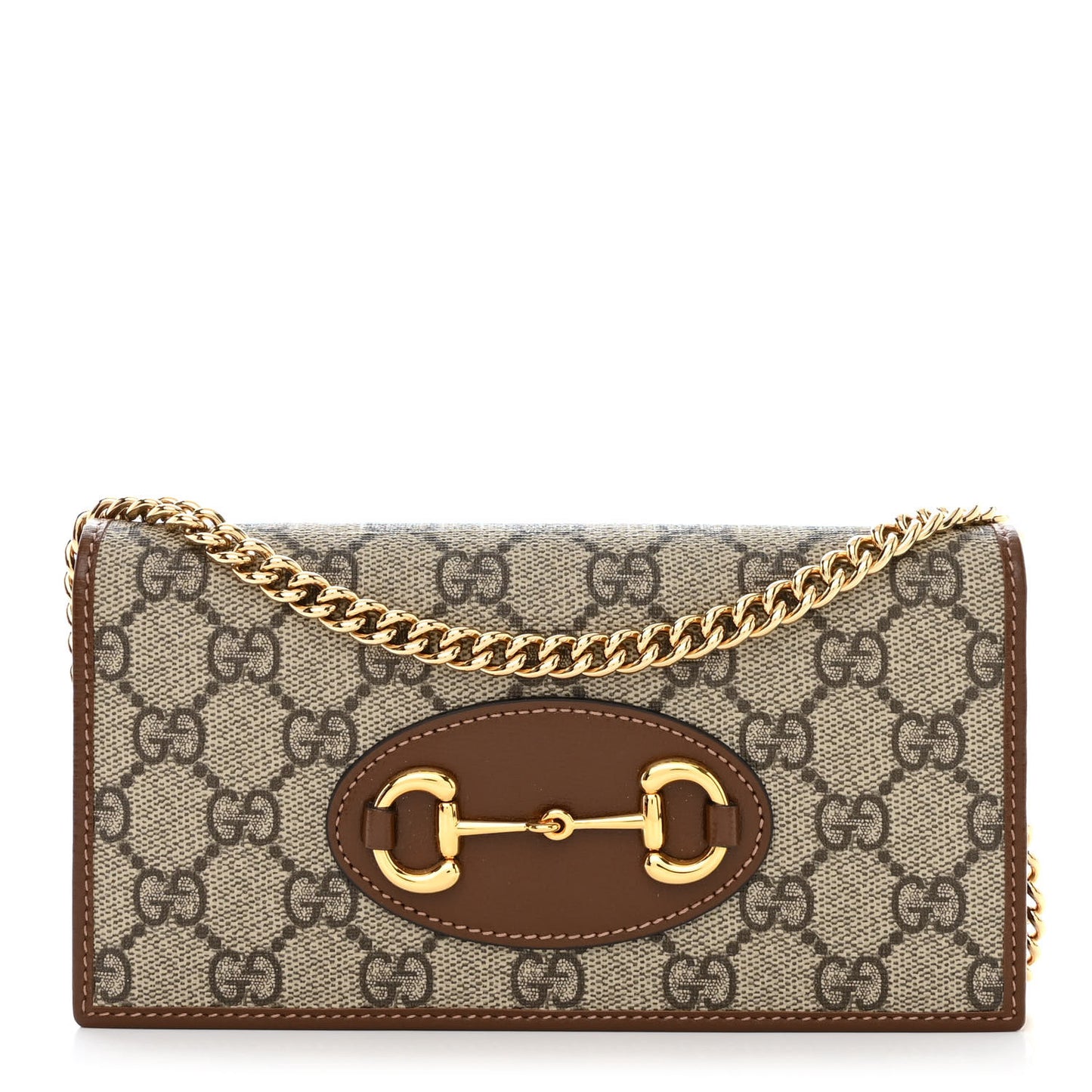 GG Supreme Monogram Azalea Calfskin Horsebit 1955 Wallet On Chain Beige Ebony Brown Sugar