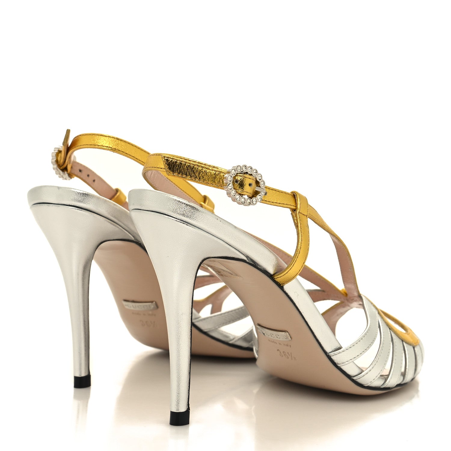 Gucci Metallic Nappa Crystal Zephyra Slingback High Heel Sandals 36.5 Silver Gold 4 of 7