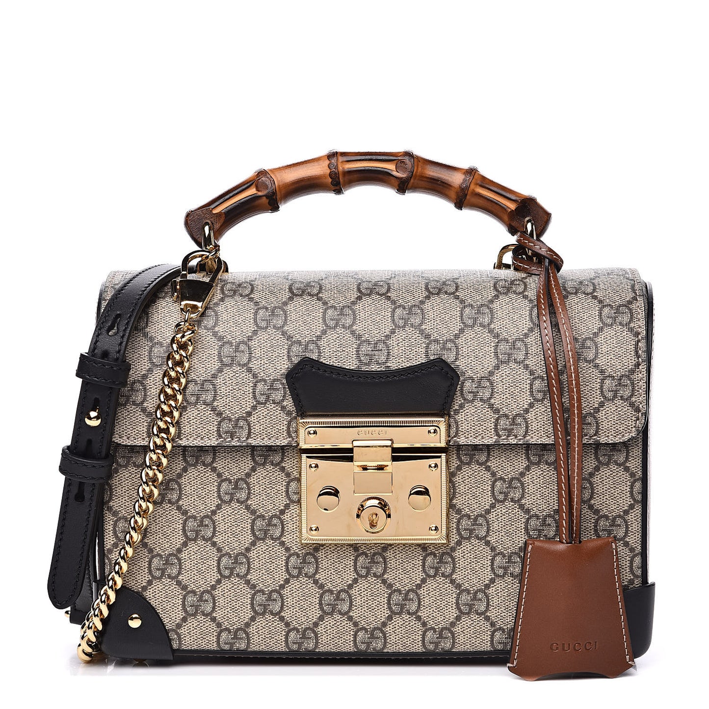 GG Supreme Monogram Small Padlock Bamboo Shoulder Bag Beige Black Cuir