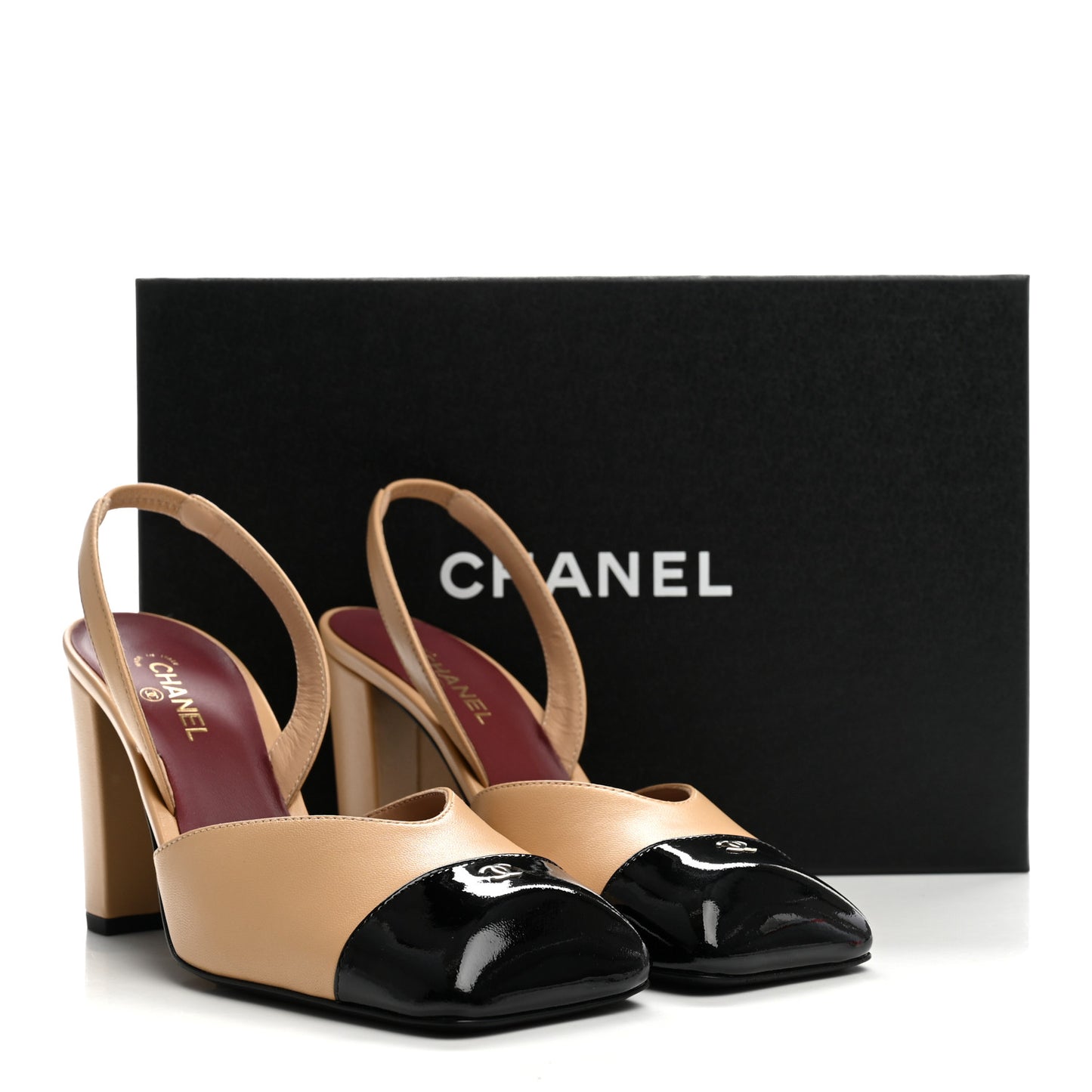 Lambskin Patent Calfskin Cap Toe CC Slingback Pumps 37 Beige Black