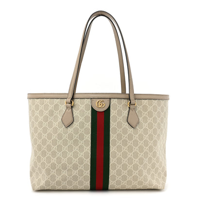 Gucci GG Supreme Monogram Textured Dollar Calfskin Web Medium Ophidia Shopping Tote Beige Mystic White Oatmeal 1 of 17