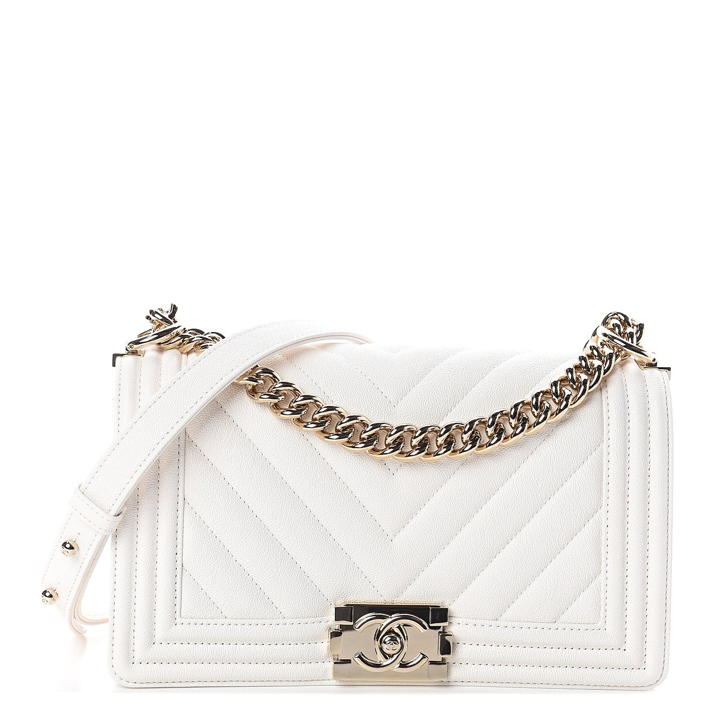 Grained Calfskin Chevron Quilted Medium Boy Flap White