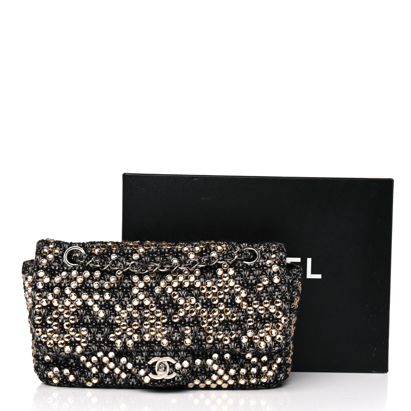 Crystal Tweed Quilted Medium Single Flap Black