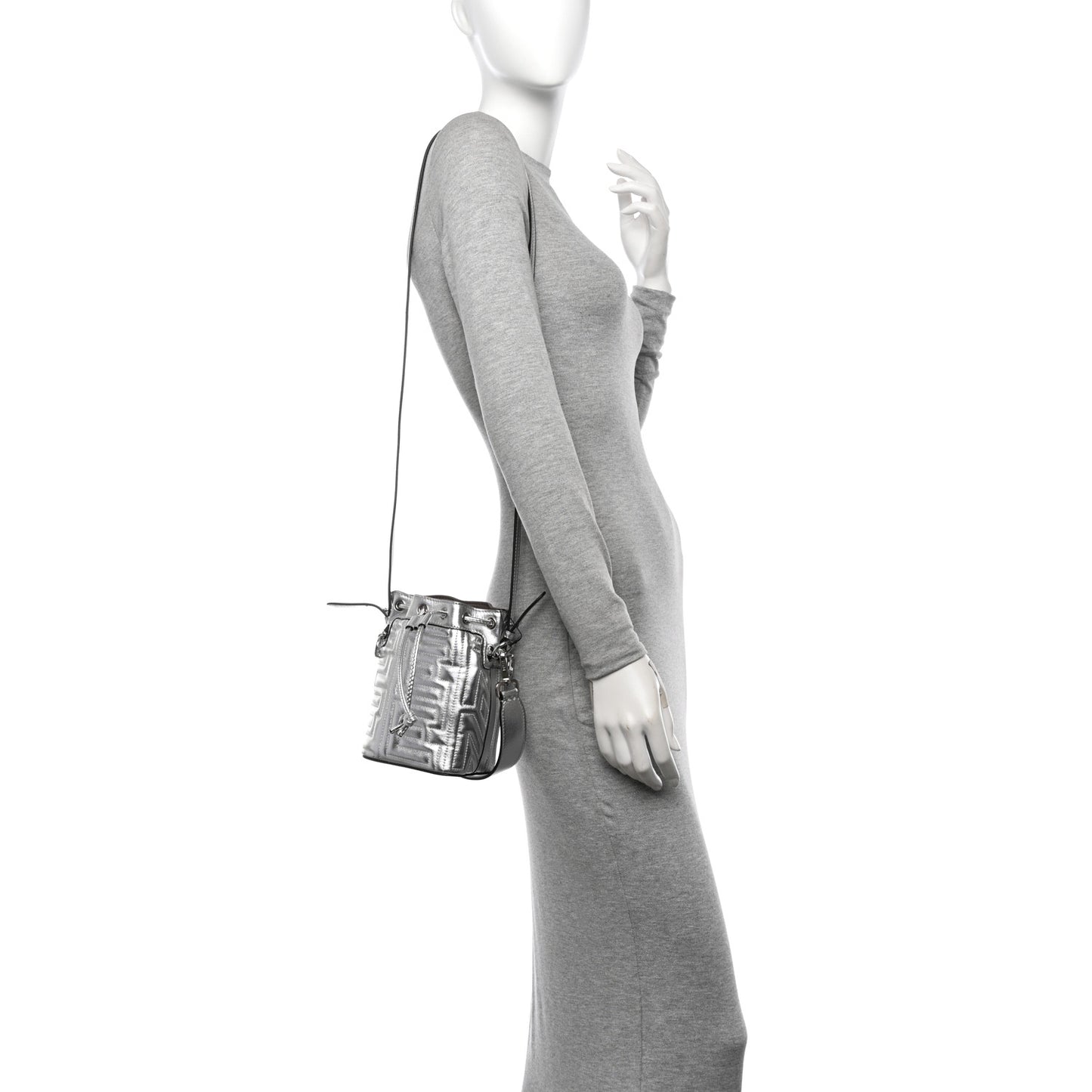 X MARC JACOBS Agnello Laminato Trapunta FF Mini Mon Tresor Bucket Bag Argento