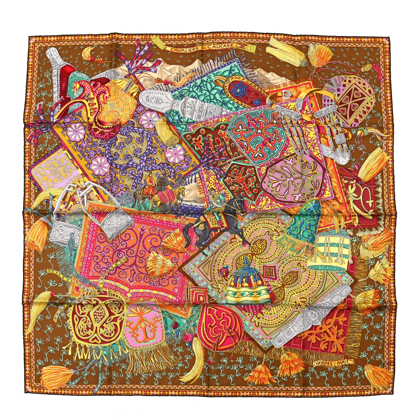 Silk Cavaliers du Caucase Scarf 140 Tabac Orange Multicolor