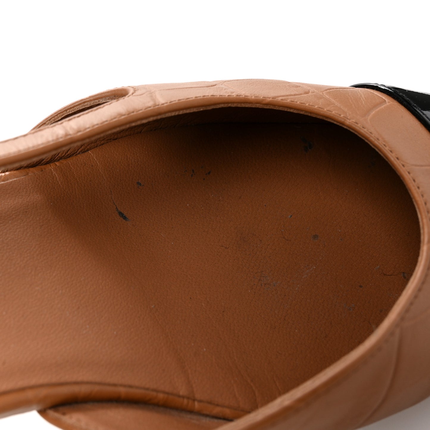 Calfskin Crocodile Embossed Patent Cap Toe CC Slingback Flats 39 Light Brown Black