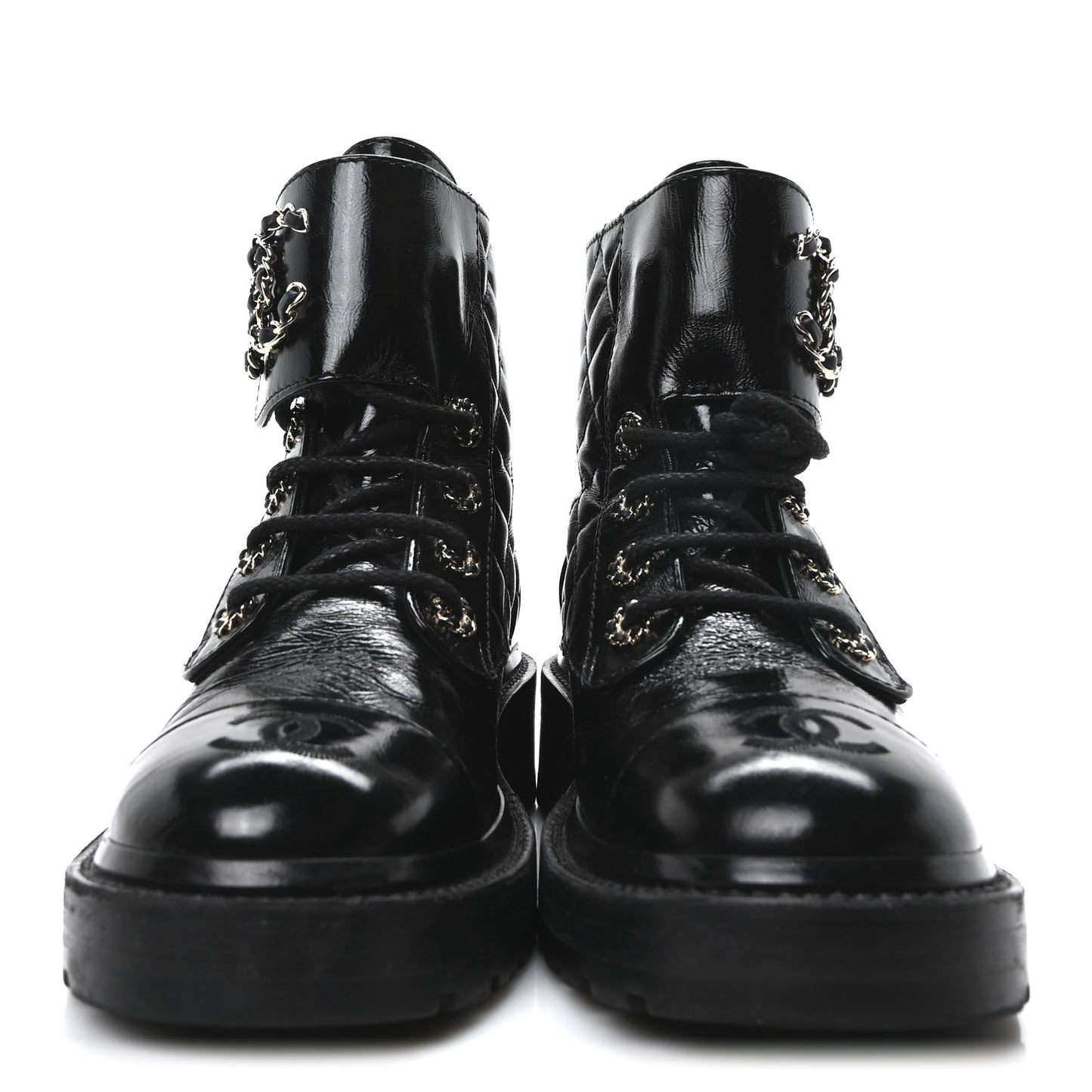 Shiny Calfskin Quilted Lace Up Combat Boots 36 Black