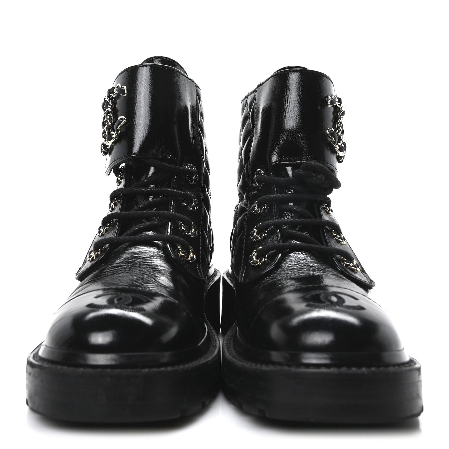 Chanel Shiny Calfskin Quilted Lace Up Combat Boots 36 Black 3 of 10