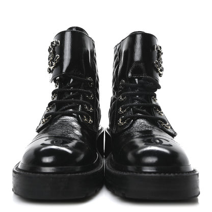 Chanel Shiny Calfskin Quilted Lace Up Combat Boots 36 Black 3 of 10