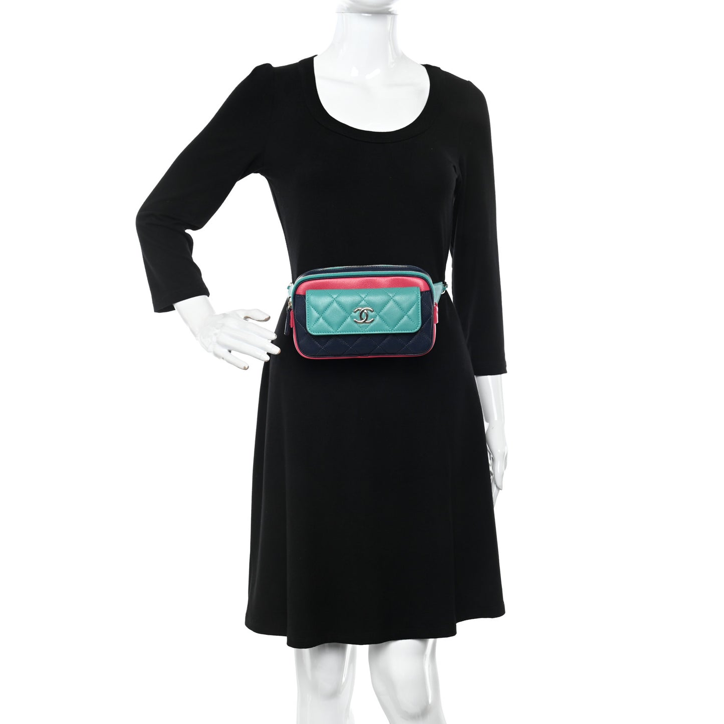 Goatskin Quilted Tri-Color In & Out Waist Bag Navy Turquoise Pink