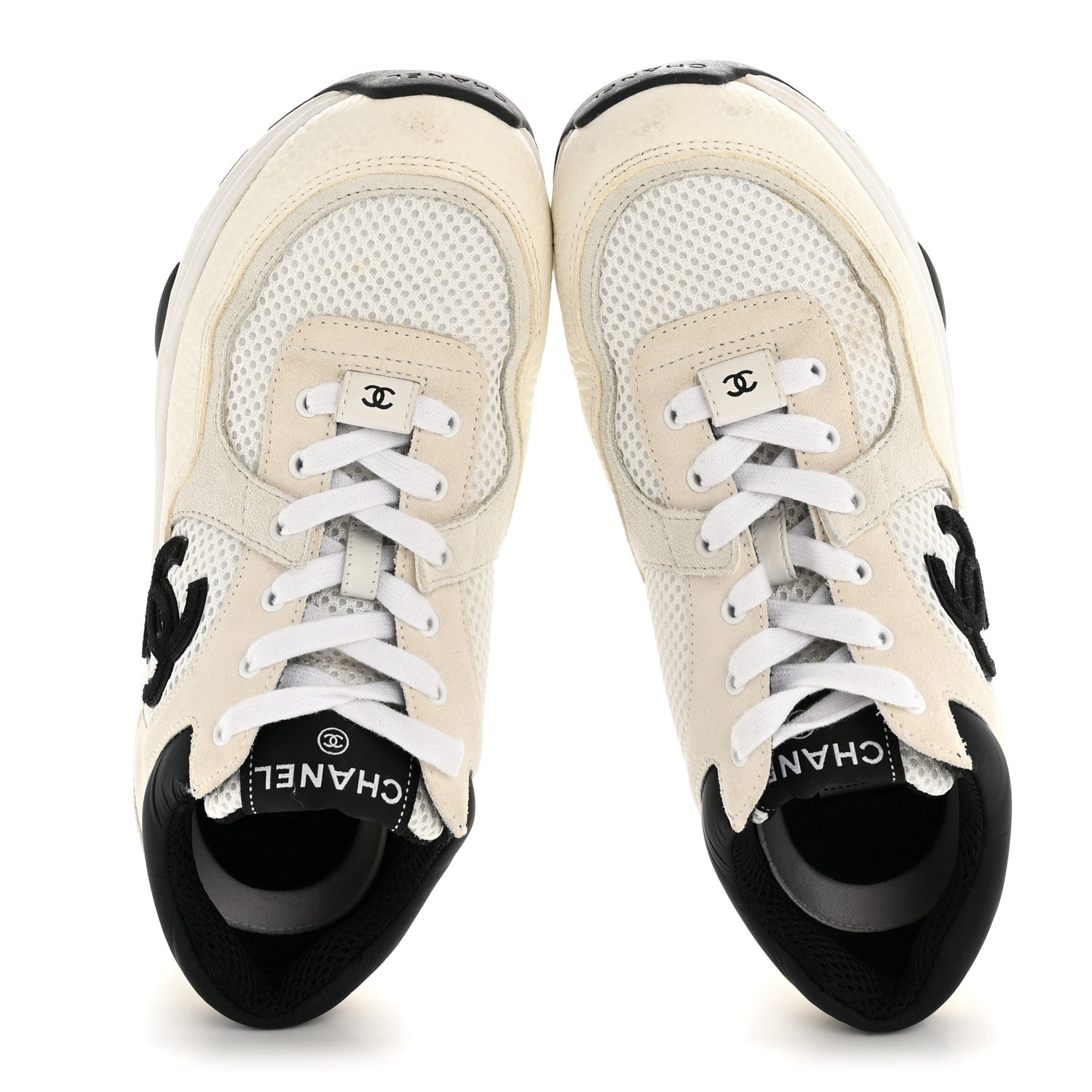 Chanel Mesh Suede Grained Calfskin Womens CC Sneakers 36.5 White Black 2 of 9